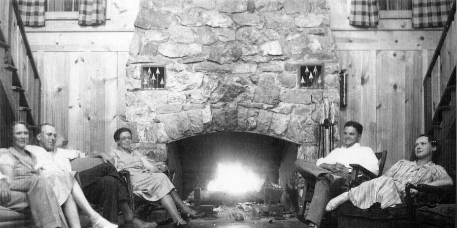 Alice McNett, Ross McNett, Nona Biles, John Maley & Julia Maley around the Lodge fireplace.jpg